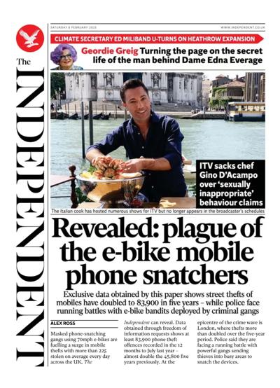 The Independent Newspaper Front Page (UK) for 8 February 2025