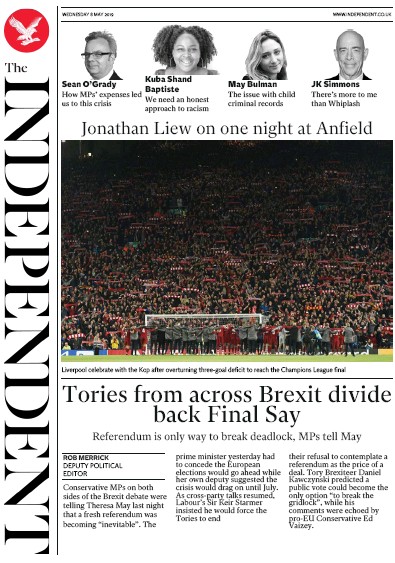 The Independent Newspaper Front Page (UK) for 8 May 2019