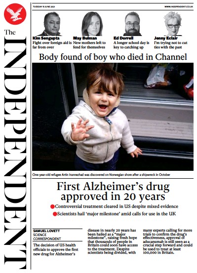 The Independent Newspaper Front Page (UK) for 8 June 2021