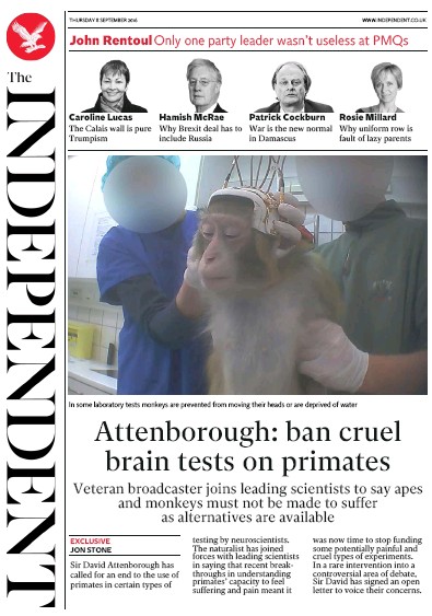 The Independent Newspaper Front Page (UK) for 8 September 2016