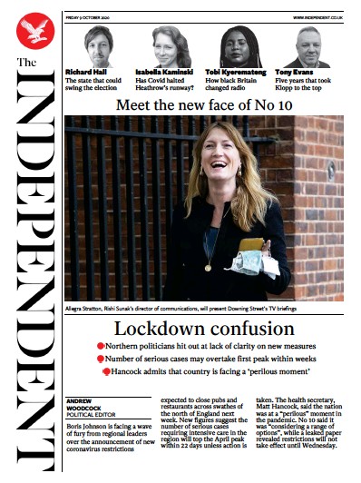 The Independent Newspaper Front Page (UK) for 9 October 2020