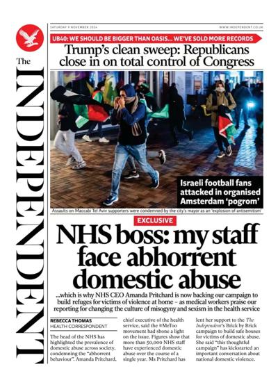 The Independent Newspaper Front Page (UK) for 9 November 2024