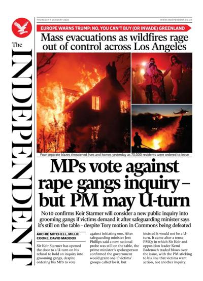 The Independent Newspaper Front Page (UK) for 9 January 2025