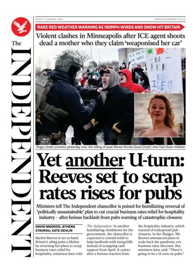 The Independent Newspaper Front Page (UK) for 9 January 2026