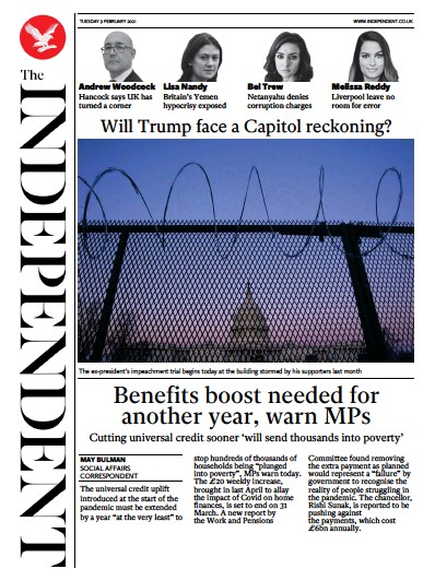 The Independent Newspaper Front Page (UK) for 9 February 2021