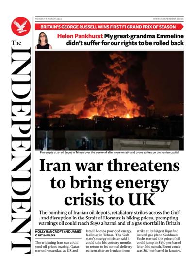 The Independent Newspaper Front Page (UK) for 9 March 2026