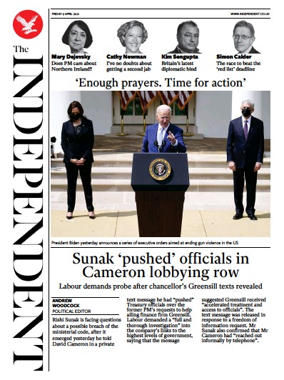 The Independent Newspaper Front Page (UK) for 9 April 2021