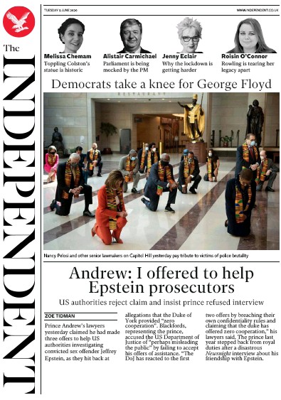 The Independent Newspaper Front Page (UK) for 9 June 2020