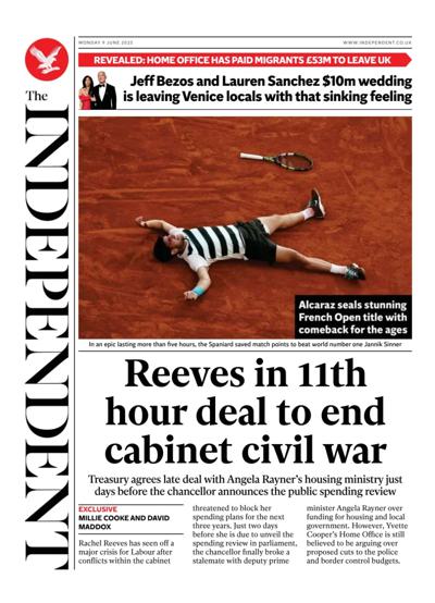 The Independent Newspaper Front Page (UK) for 9 June 2025