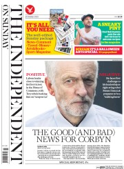 The Independent on Sunday (UK) Newspaper Front Page for 25 October 2015