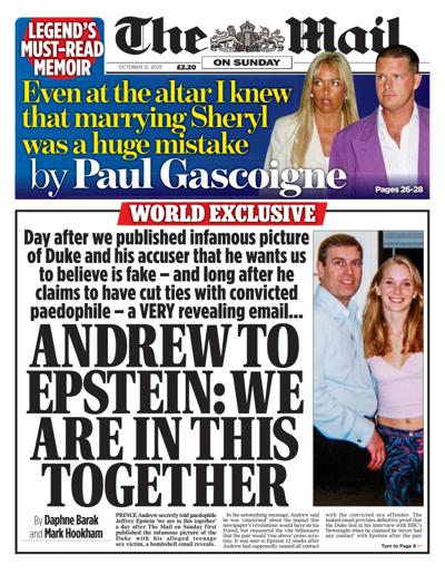 The Mail on Sunday Newspaper Front Page (UK) for 12 October 2025