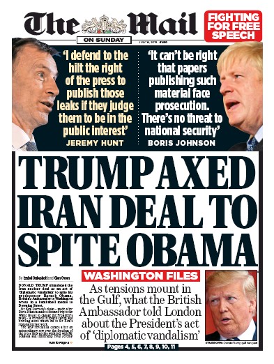 The Mail on Sunday Newspaper Front Page (UK) for 14 July 2019