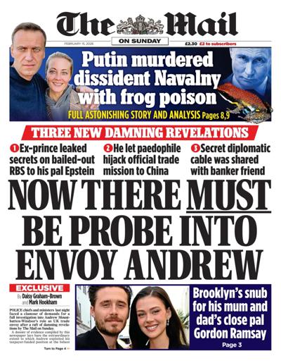The Mail on Sunday Newspaper Front Page (UK) for 15 February 2026