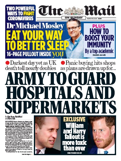 The Mail on Sunday Newspaper Front Page (UK) for 15 March 2020