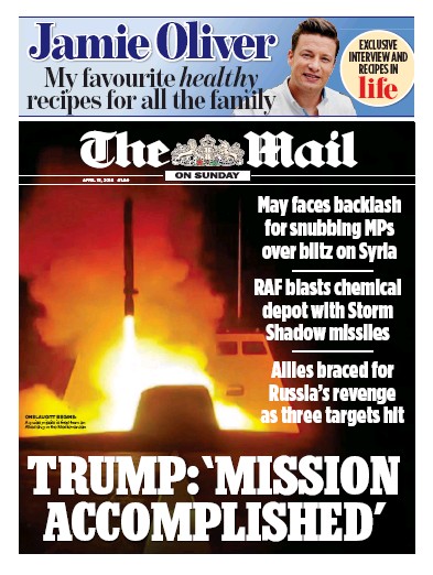 The Mail on Sunday Newspaper Front Page (UK) for 15 April 2018