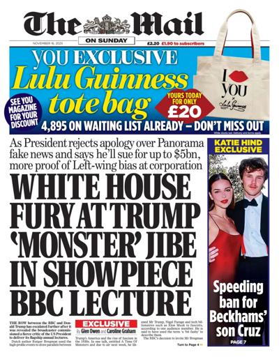 The Mail on Sunday Newspaper Front Page (UK) for 16 November 2025