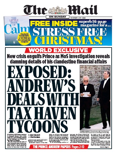 The Mail on Sunday Newspaper Front Page (UK) for 1 December 2019