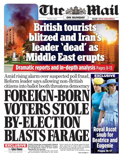 The Mail on Sunday Newspaper Front Page (UK) for 1 March 2026