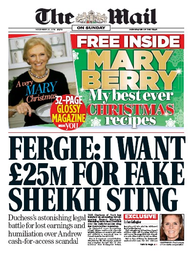 The Mail on Sunday Newspaper Front Page (UK) for 20 November 2016