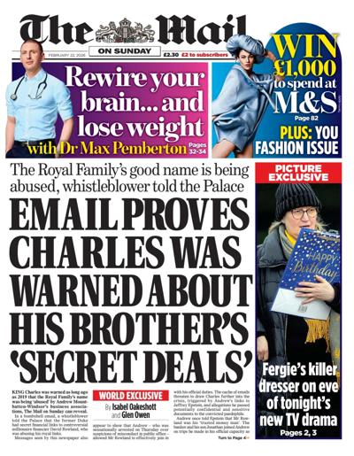 The Mail on Sunday Newspaper Front Page (UK) for 22 February 2026