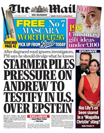 The Mail on Sunday Newspaper Front Page (UK) for 23 November 2025