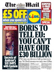 The Mail on Sunday (UK) Newspaper Front Page for 25 August 2019