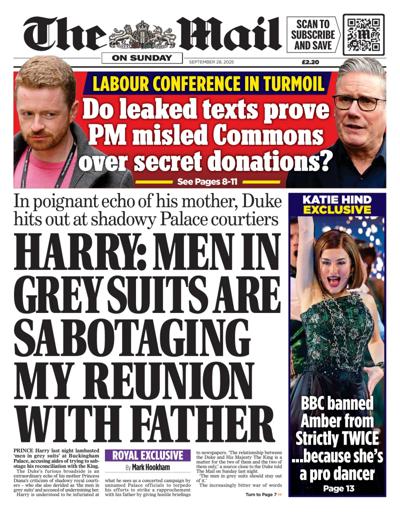 The Mail on Sunday Newspaper Front Page (UK) for 28 September 2025