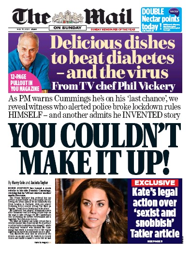 The Mail on Sunday Newspaper Front Page (UK) for 31 May 2020