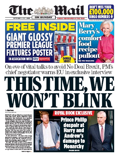 The Mail on Sunday Newspaper Front Page (UK) for 6 September 2020