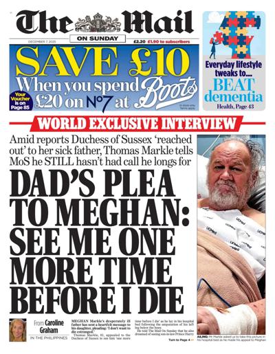 The Mail on Sunday Newspaper Front Page (UK) for 7 December 2025
