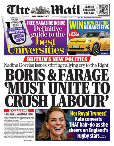 The Mail on Sunday Newspaper Front Page (UK) for 7 September 2025