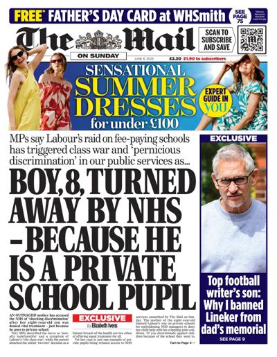 The Mail on Sunday Newspaper Front Page (UK) for 8 June 2025