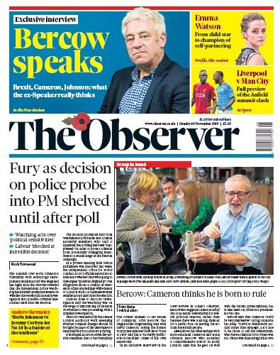 The Observer Newspaper Front Page (UK) for 10 November 2019