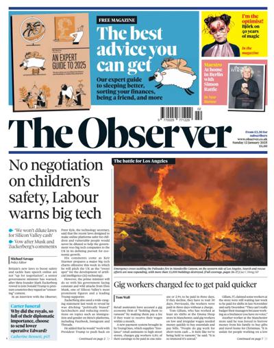 The Observer Newspaper Front Page (UK) for 12 January 2025