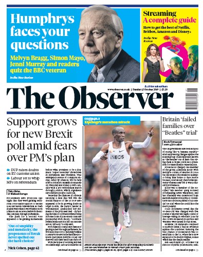 The Observer Newspaper Front Page (UK) for 13 October 2019