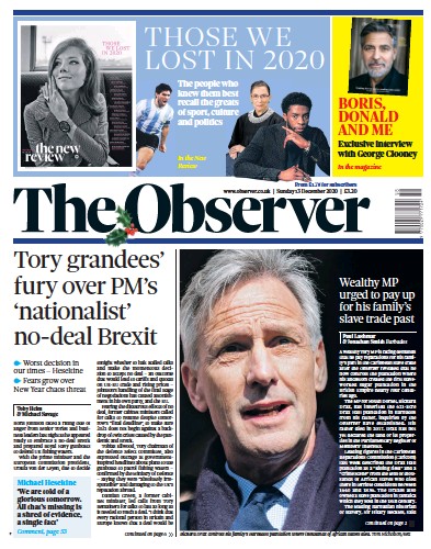 The Observer Newspaper Front Page (UK) for 13 December 2020