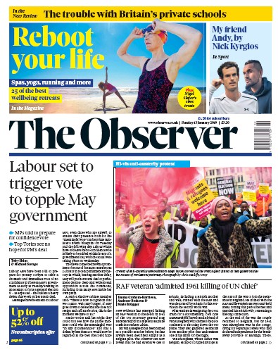 The Observer Newspaper Front Page (UK) for 13 January 2019