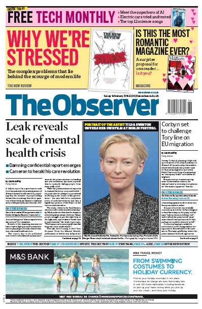 The Observer Newspaper Front Page (UK) for 14 February 2016