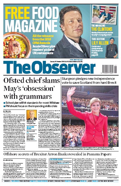 The Observer Newspaper Front Page (UK) for 16 October 2016