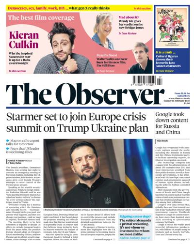 The Observer Newspaper Front Page (UK) for 16 February 2025