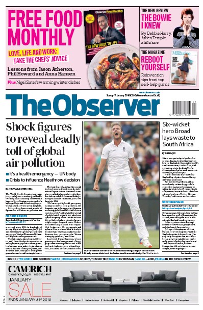 The Observer Newspaper Front Page (UK) for 17 January 2016