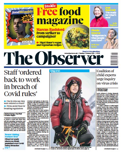 The Observer Newspaper Front Page (UK) for 17 January 2021