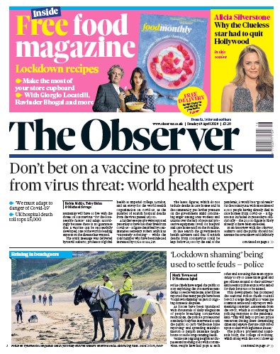 The Observer Newspaper Front Page (UK) for 19 April 2020