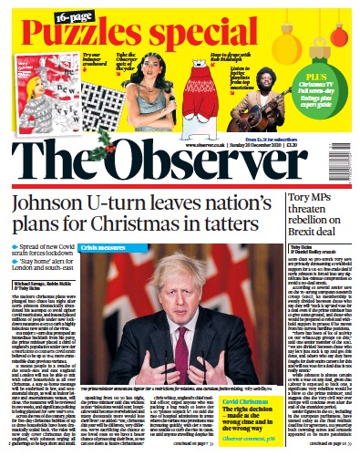 The Observer Newspaper Front Page (UK) for 20 December 2020