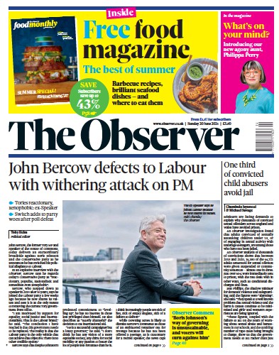 The Observer Newspaper Front Page (UK) for 20 June 2021