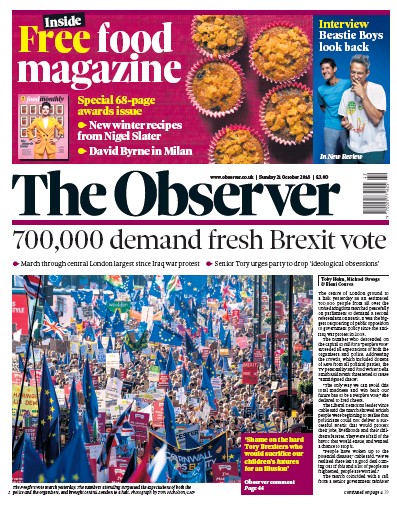 The Observer Newspaper Front Page (UK) for 21 October 2018