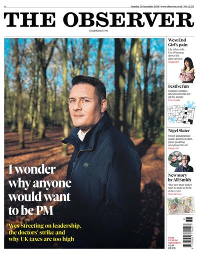 The Observer Newspaper Front Page (UK) for 21 December 2025