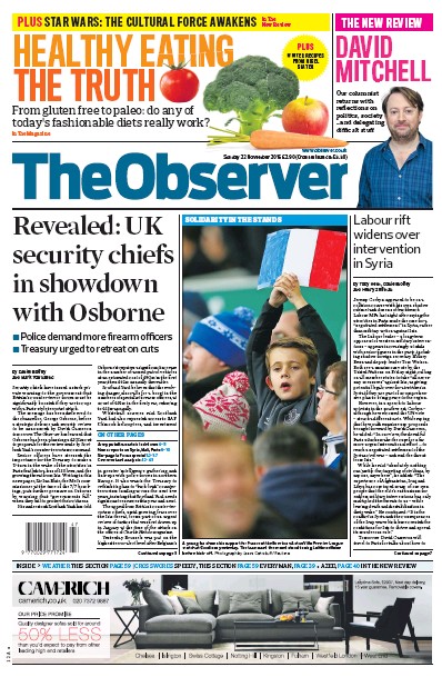 The Observer Newspaper Front Page (UK) for 22 November 2015