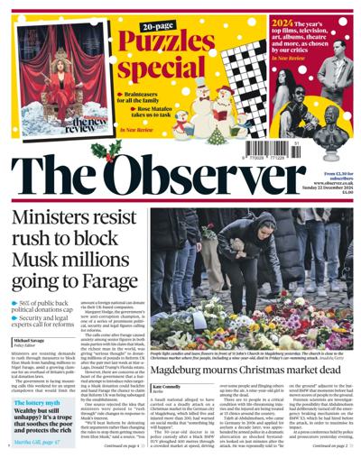 The Observer Newspaper Front Page (UK) for 22 December 2024