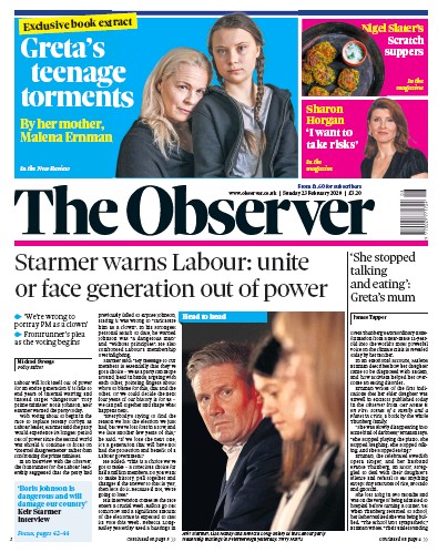 The Observer Newspaper Front Page (UK) for 23 February 2020